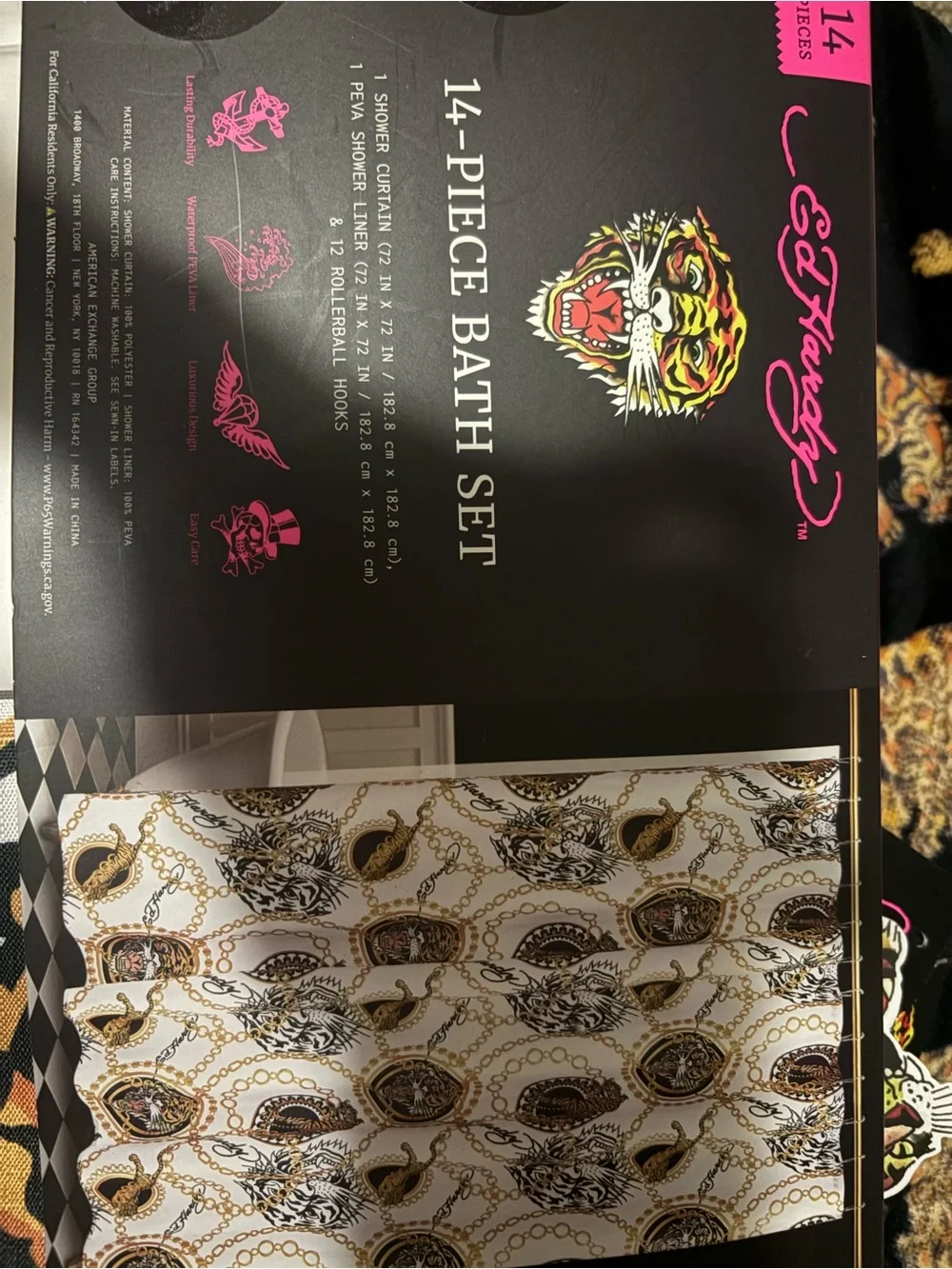 Ed Hardy White & Gold Tiger Chain Print shower curtain WITH matching bath towel